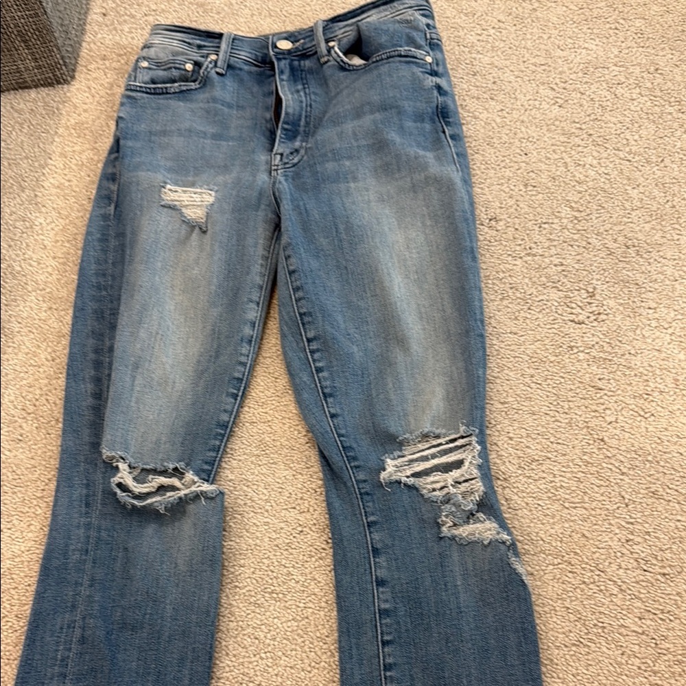 MOTHER Blue Straight Leg Jeans with Distressed Details